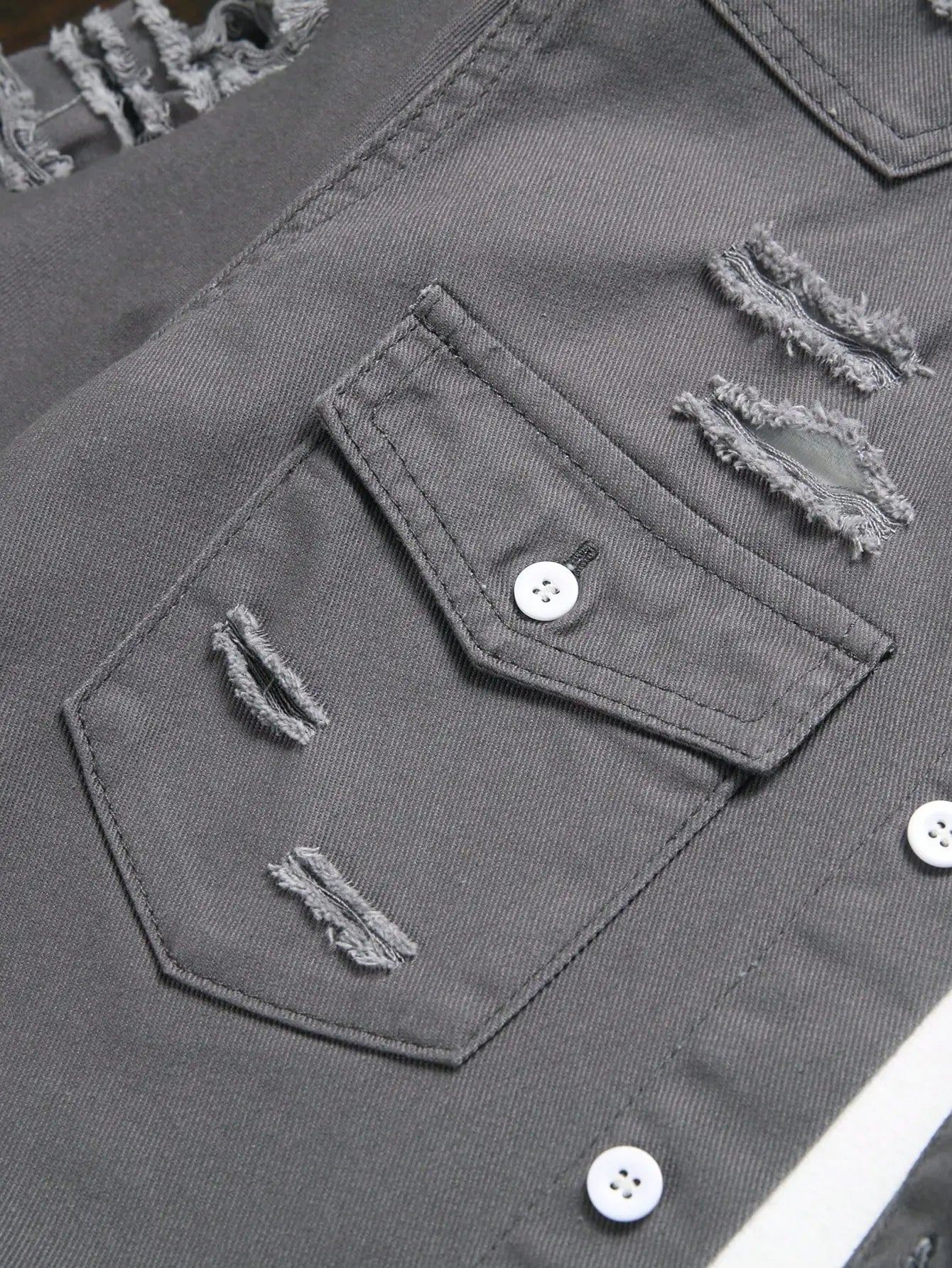 Men's Summer Dark Gray Ripped Short-Sleeve Denim Shirt, featuring a lapel collar and double pockets to retain the workwear style