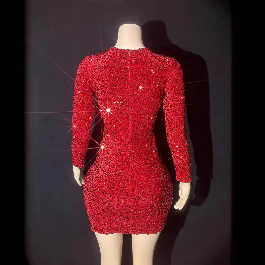 Red Rhinestone Perspective Fashion Sexy Party Dress Bar Nightclub Stage Performance Dress Elegant Party Red Bodycon Sexy Dresses