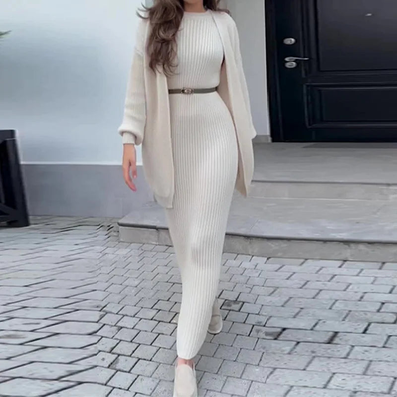 Knitted 2 Piece Sets Women Fashion Cardigan Long Dress Matching Set 2024 Casual Autumn Winter Clothing Womens Outfits Tracksuit