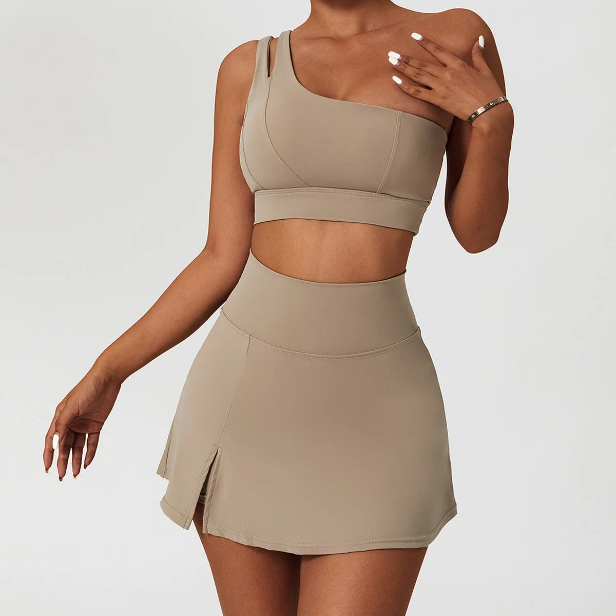 Yoga Skirt Set Women Workout Sport Gym Wear Suit High Wais Fitness Crop Top Female Tennis Sportswear One Shoulder Bra