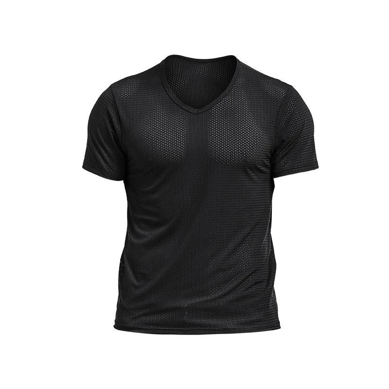 2PCSIce silk mesh T-shirt for men, breathable mesh with perforated fabric, sports and fitness, dry, loose V-neck, trendy m