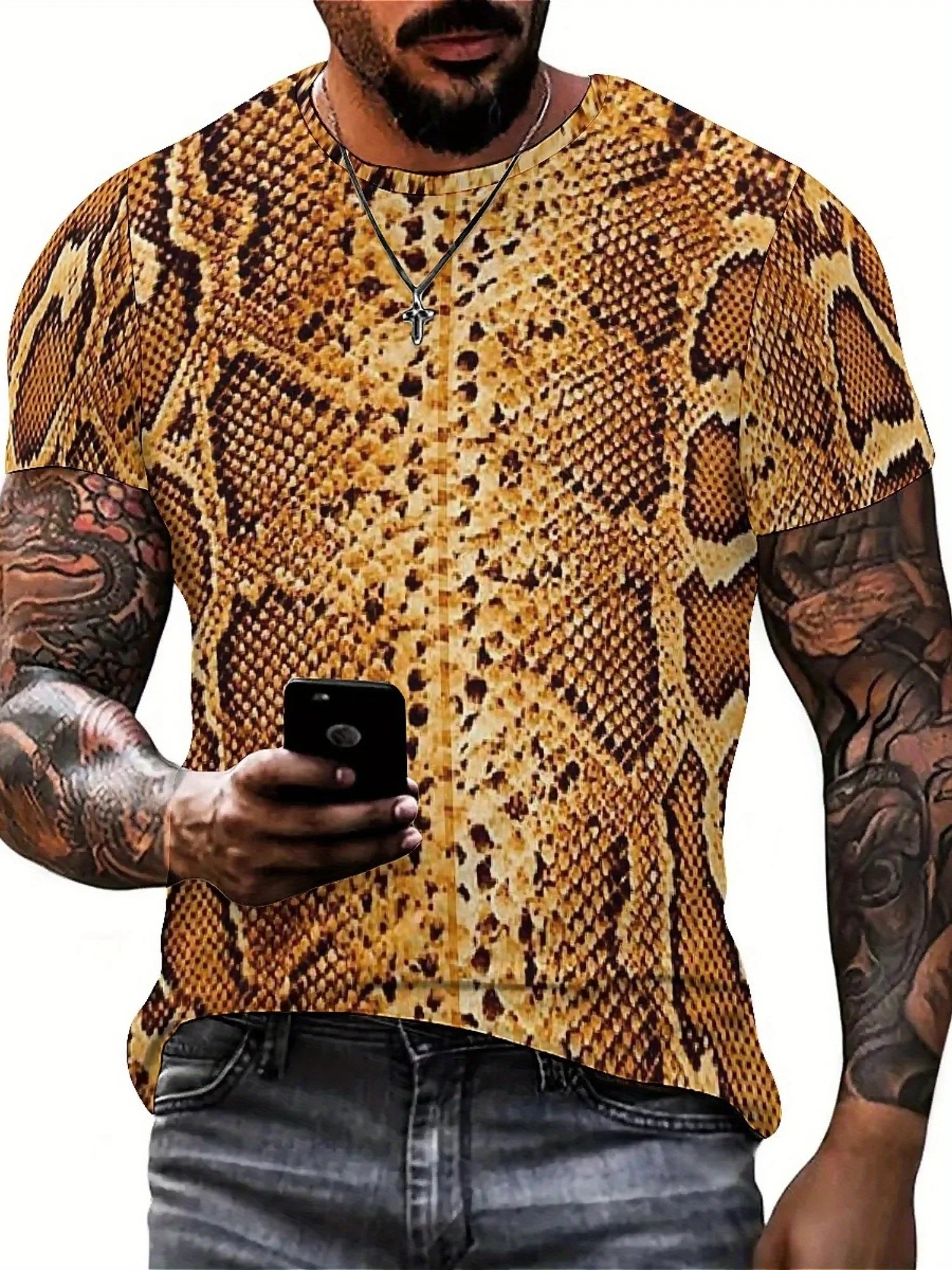 Men'S 3D Print Snake Graphic T-Shirt - Soft Polyester, Short Sleeve, Round Neck, All-Season Comfort,