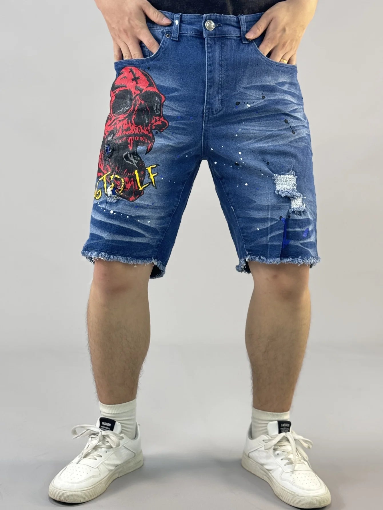 Y2K  Fashionable men's short denim pants with unique devilish pattern    Summer bestseller   three styles to choose from
