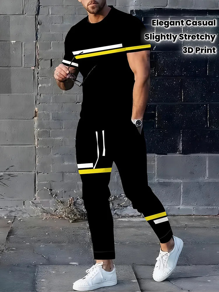 2025 Autumn Simple Striped 3D Printed Men's 2pcs Set, Daily Loose And Casual Men's Short-sleeved Shirt And Drawstring Long Pants