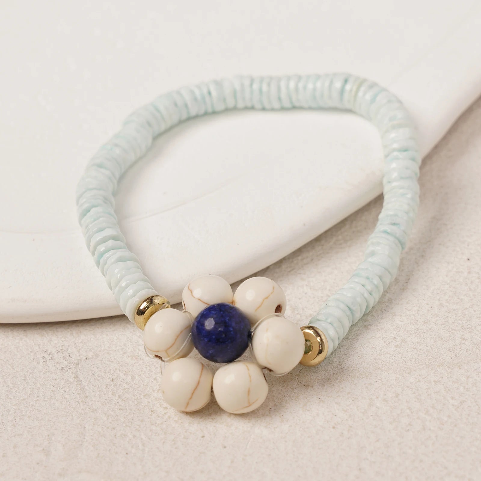 Hand Beaded Elastic Semi-Precious Synthetic Stone with Shell Bracelet  (7-011)