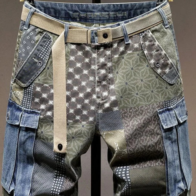 Graphic Man Denim Shorts Multi Color Short Jeans Pants for Men Cargo Bermuda with Text Stretch Jorts Thin Blue Korean Fashion Xl