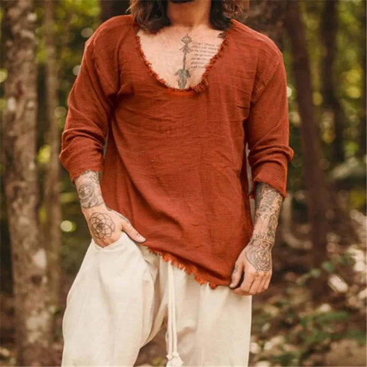 Men's Youth Linen Casual Loose V-neck Wash Water Worn Long-sleeved Shirt