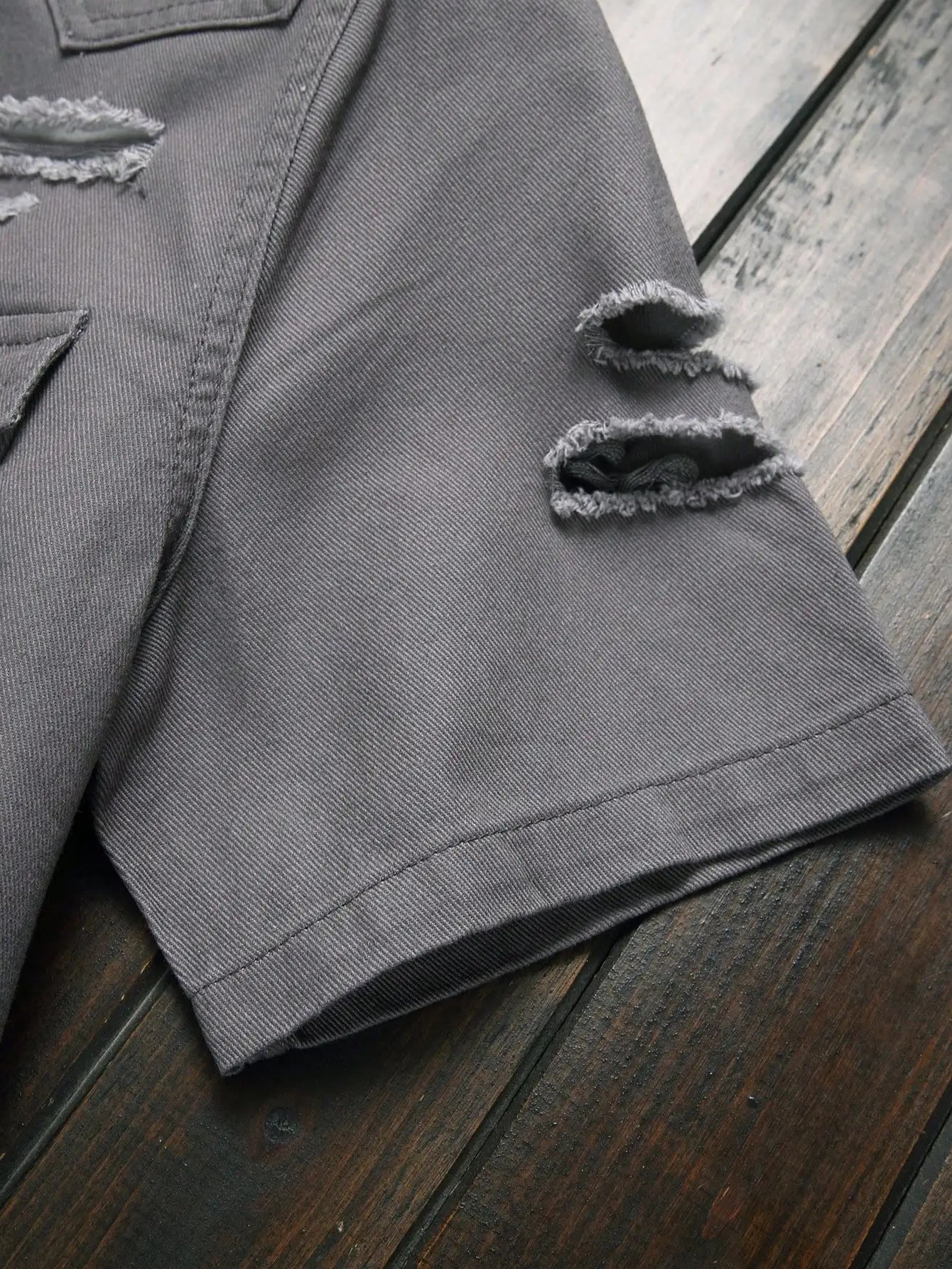 Men's Summer Dark Gray Ripped Short-Sleeve Denim Shirt, featuring a lapel collar and double pockets to retain the workwear style