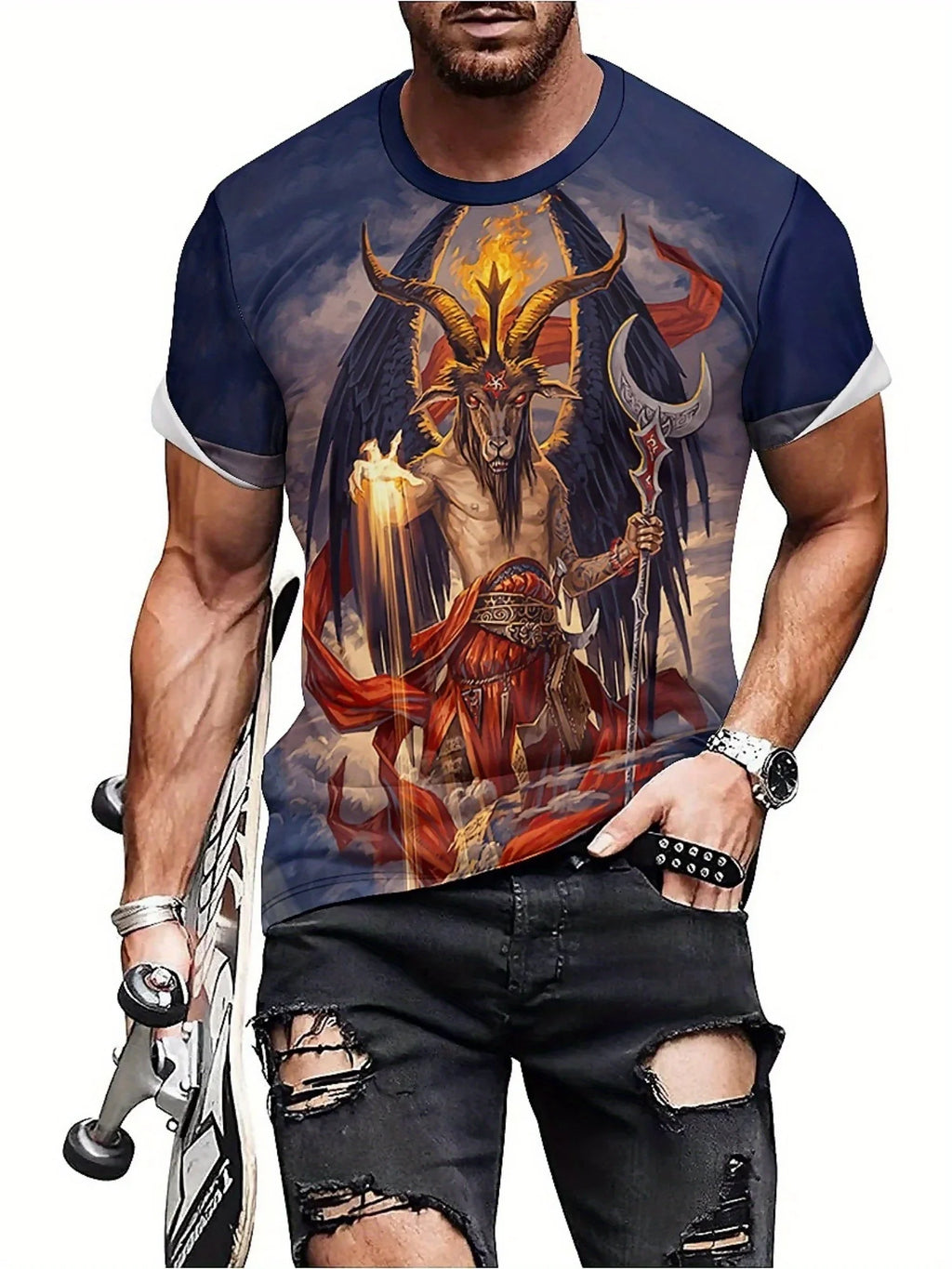 Men's 3D Demon Print T-Shirt | Bold Dark Style Graphic Tee with Intricate Fantasy Design | Short Sleeve, Round Neck