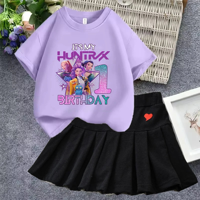 KPop Demon Hunterss T-shirt Short Skirt Set Girl Cartoon Anime Short Sleeve A-line Skirt 2-piece Children Loungewear Dress Gifts