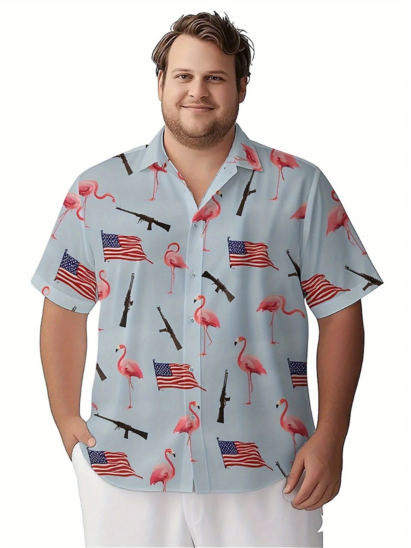 Men's Plus Size Hawaiian Shirts American Flag and Pink Flamingo Pattern,Unisex Baggy Aloha Shirts,Alternative Clothing
