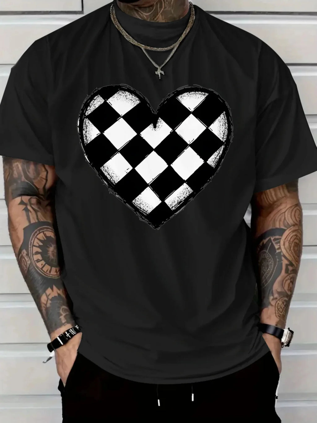 Men's Navy Blue Cotton T-Shirt  Checkerboard Heart Graphic Tee Soft Everyday Crewneck Shirt for Casual  Formal Outfits