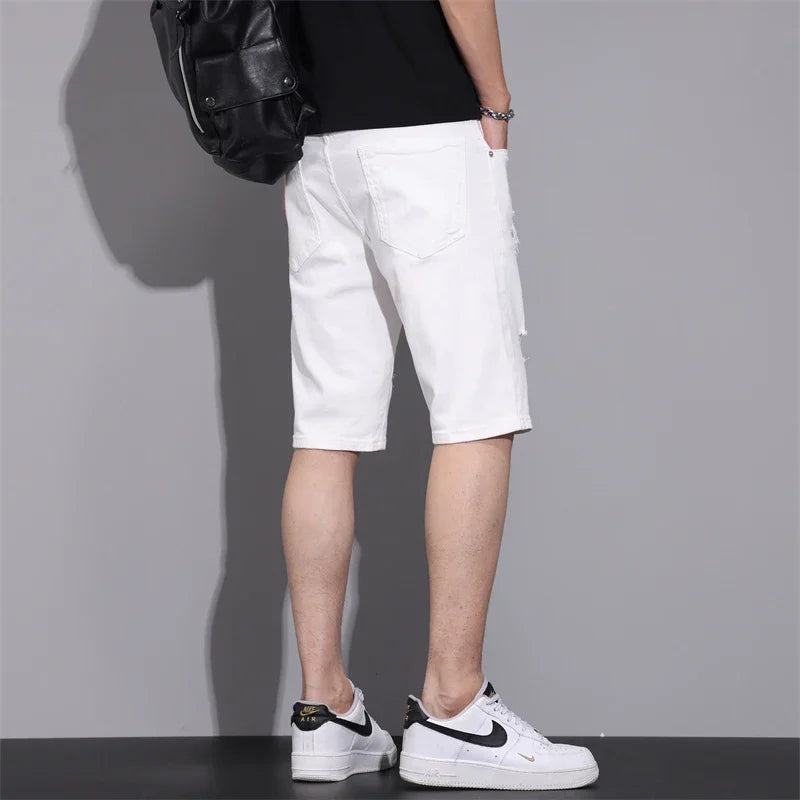 New Summer Men Casual White Denim Shorts White Fashion Ripped Straight Pants Stretch Slimsoft Male Knee Length Hole Short Jeans