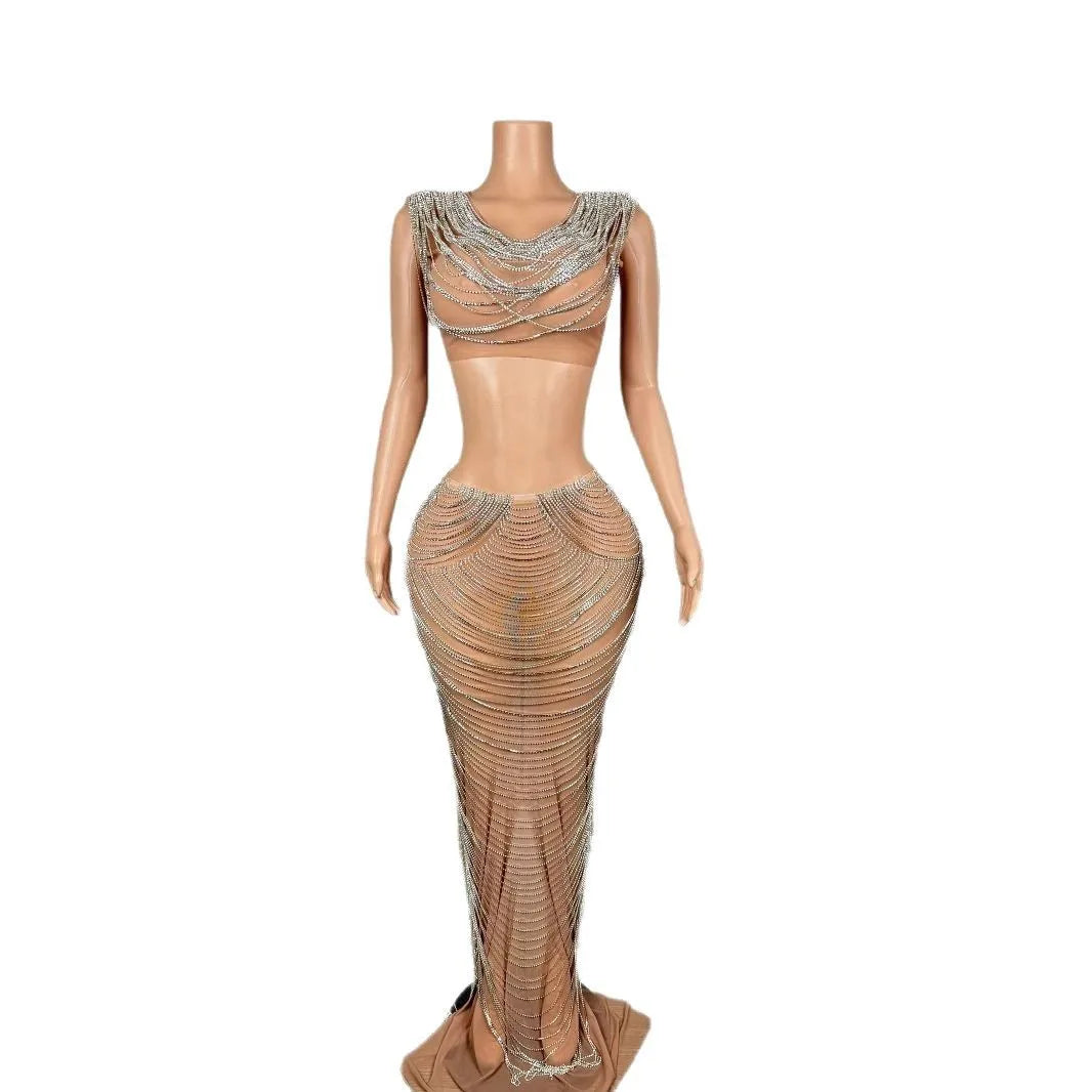 Luxury Silver Chain High-end Banquet Evening Dress Annual Meeting Women's High-end Singer Fashion Singing Clothes Slinky Dresses