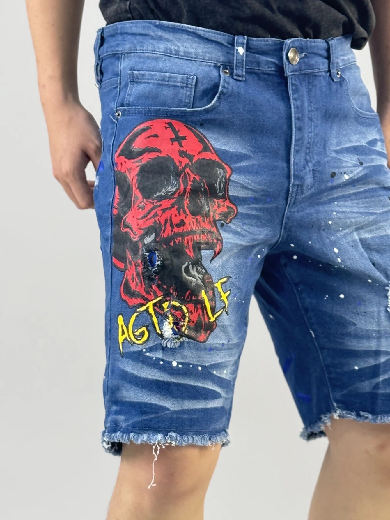 Y2K  Fashionable men's short denim pants with unique devilish pattern    Summer bestseller   three styles to choose from