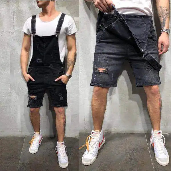 2025 Men Overalls Playsuits Denim One Piece Jeans Shorts Rompers Washing Slim Fit Holes Pockets Distressed Spliced Streetwear