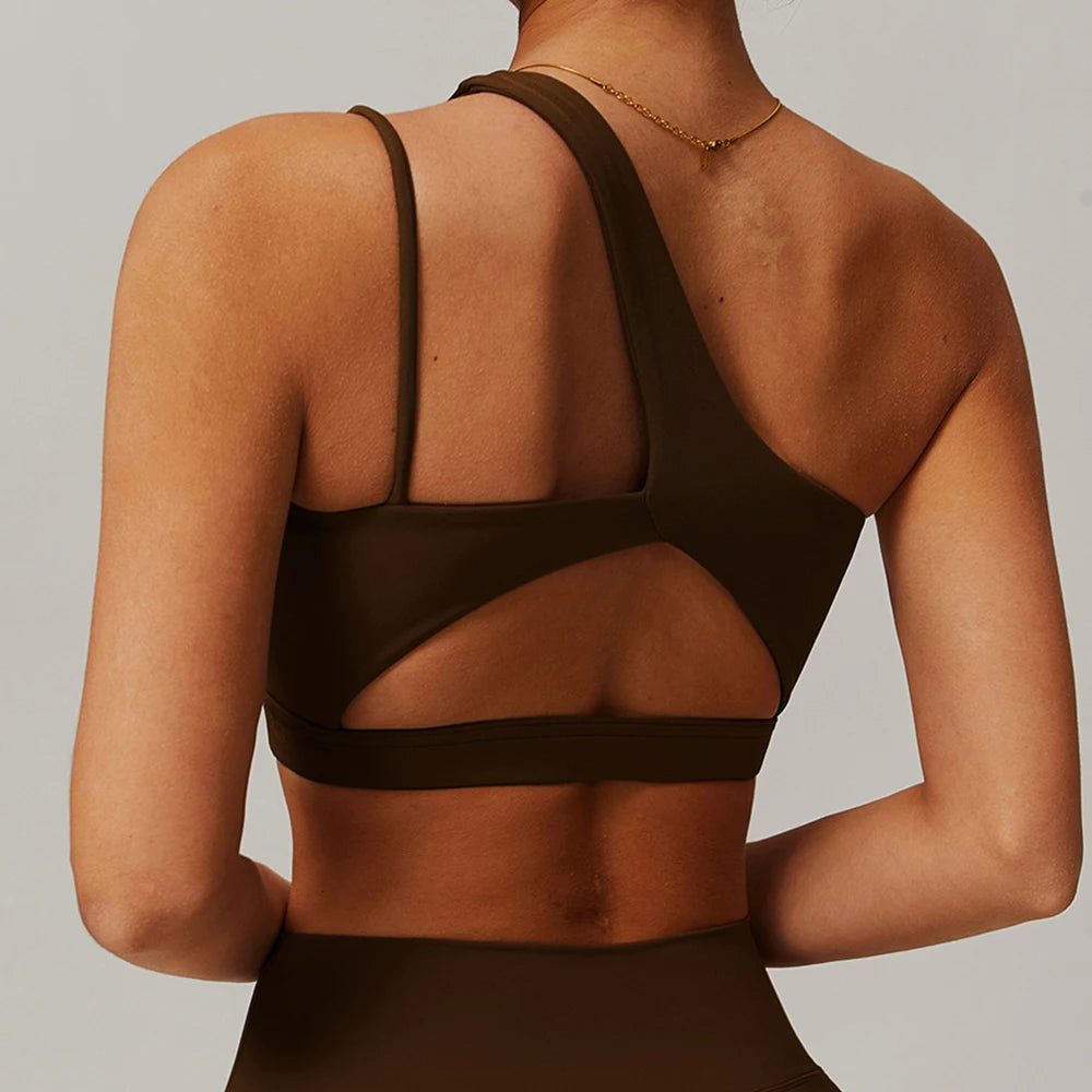 Oblique Shoulder Yoga Bra Women's Beautiful Back Gym Sports Underwear Hollow out Back Running Fitness Vest Push Up Workout Top