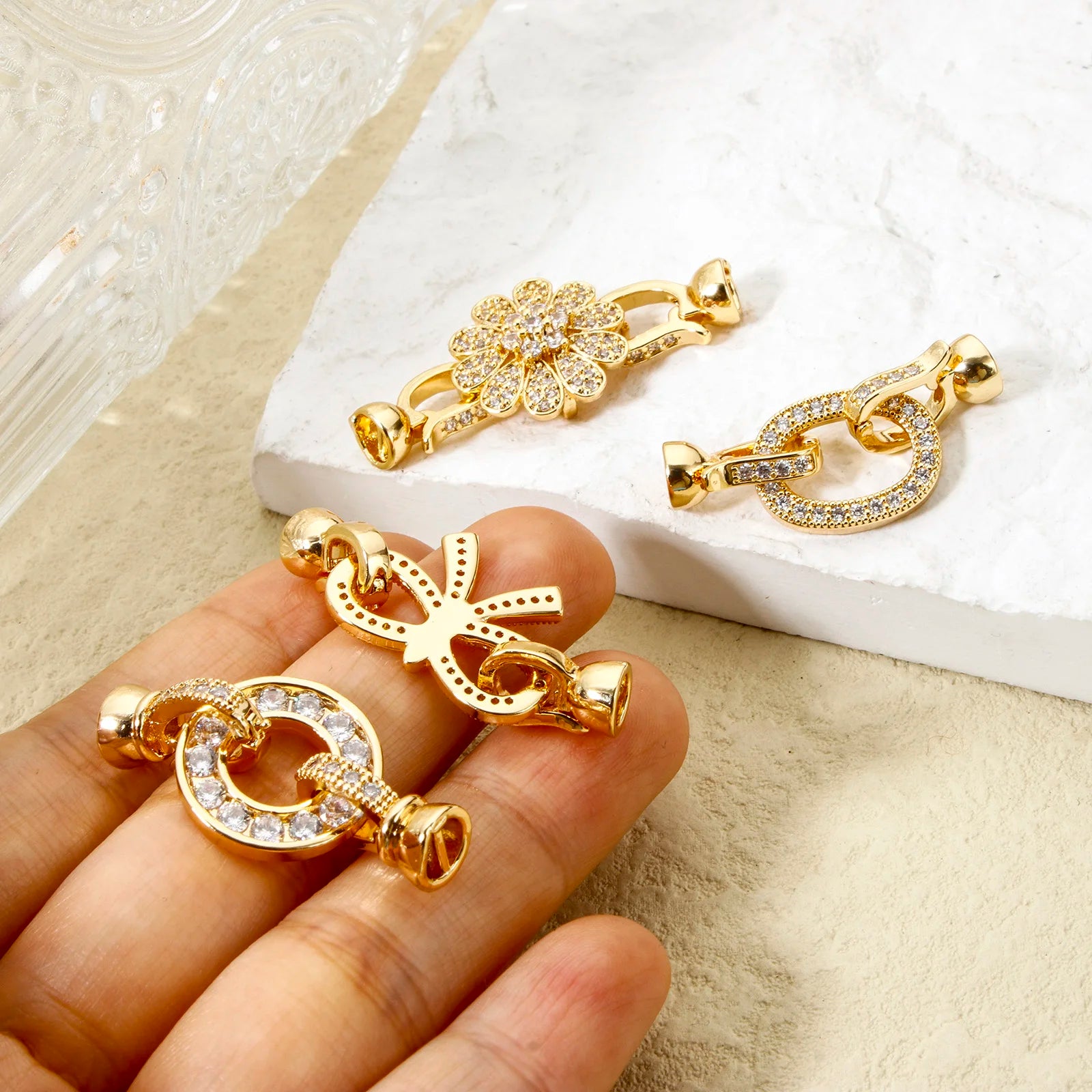 1pc Brass Fold Over Clasps Gold Color Round Flower Bowknot Clear Cubic Zirconia Charms DIY Necklace Bracelet Jewelry Findings