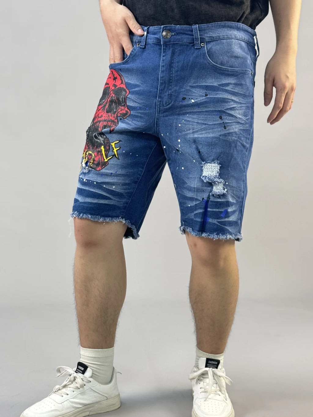 Y2K  Fashionable men's short denim pants with unique devilish pattern    Summer bestseller   three styles to choose from