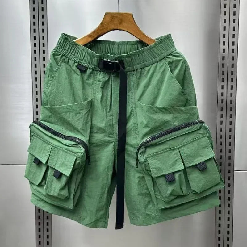Solid Mens Cargo Shorts Loose with Zipper Elastic Waist Multi Pocket Short Pants for Men Baggy Wide New in Clothes Designer Y2k