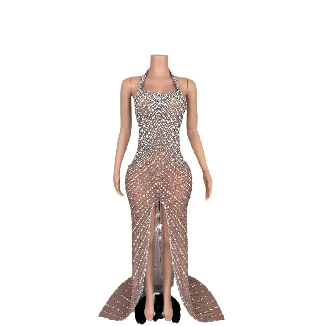 2025 Performance Clothes Female Group Rhinestone Waist Mesh Long Trailing Skirt Guest Model High-end Light Luxury Banquet Dress