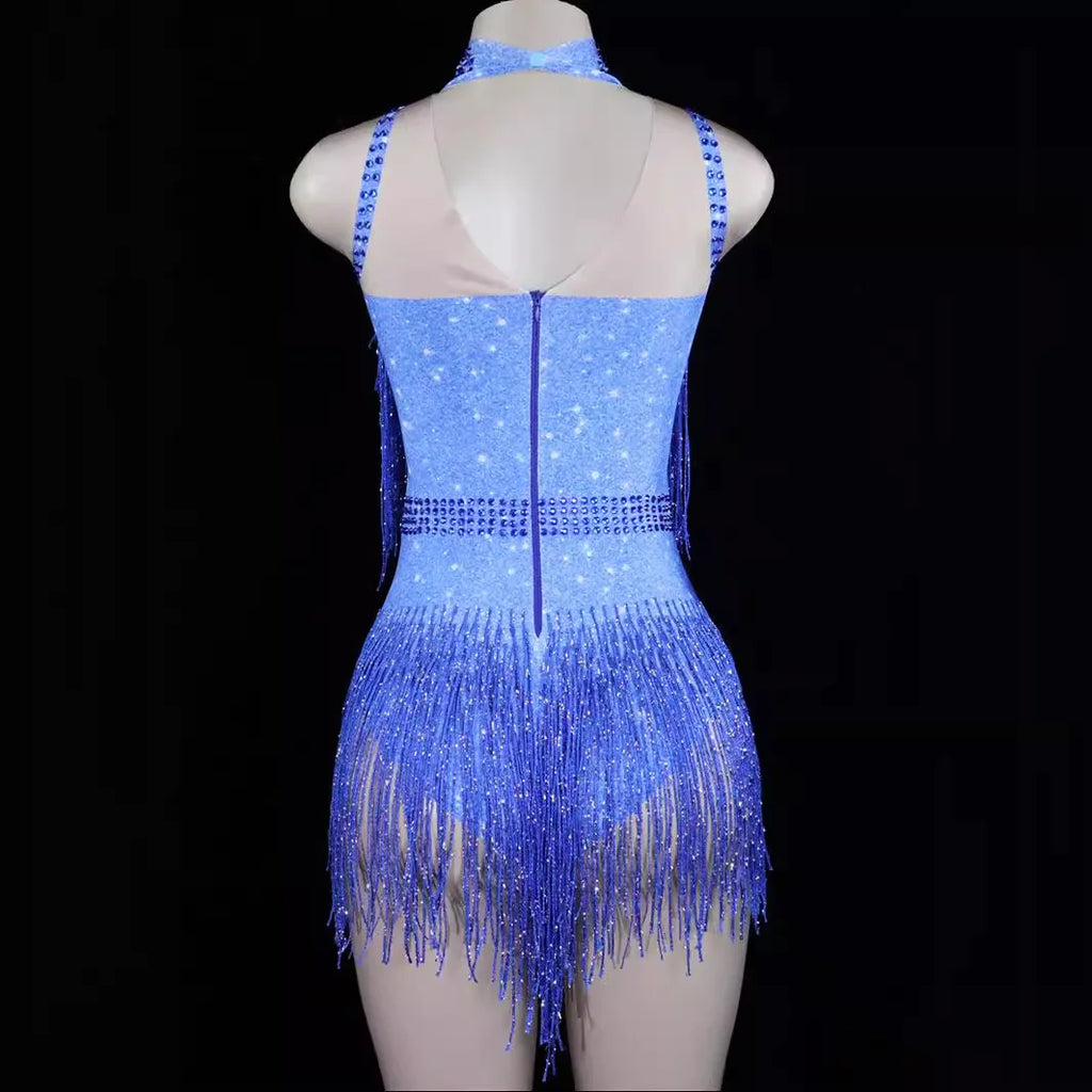 Birthday Party Sexy Stage Show Costume Bar Dj Turtleneck Diamond Fringed Stretch Onesie Skirt Vestidos Elegantes Mujer De Fiesta