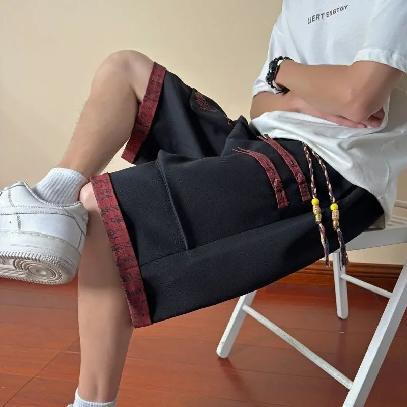 With Pockets Draw String Long Men's Cargo Shorts Button Elastic Waist Baggy Black Loose Bermuda Half Male Short Pants Wide Nylon