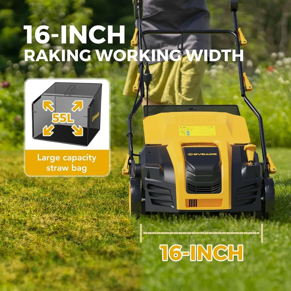 16-Inch Electric Dethatcher and Scarifier with 15 Amp Power, 5-Position Depth Control, 14.5 Gallon Bag for Enhanced Lawn Care