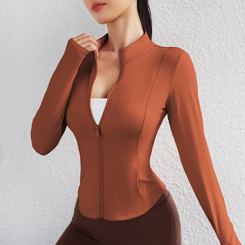 Women’s Stand-Collar Zip Yoga Jacket Long Sleeve Cycling Cardigan Quick-Dry Workout Running Top Autumn Winter Gym Coat sexy