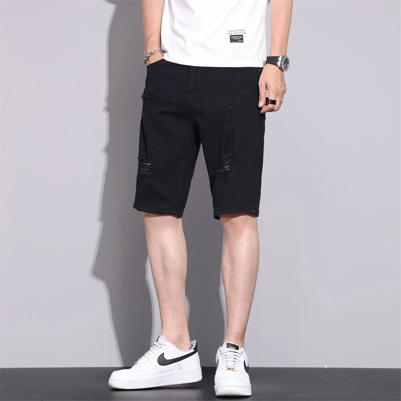New Summer Men Casual White Denim Shorts White Fashion Ripped Straight Pants Stretch Slimsoft Male Knee Length Hole Short Jeans