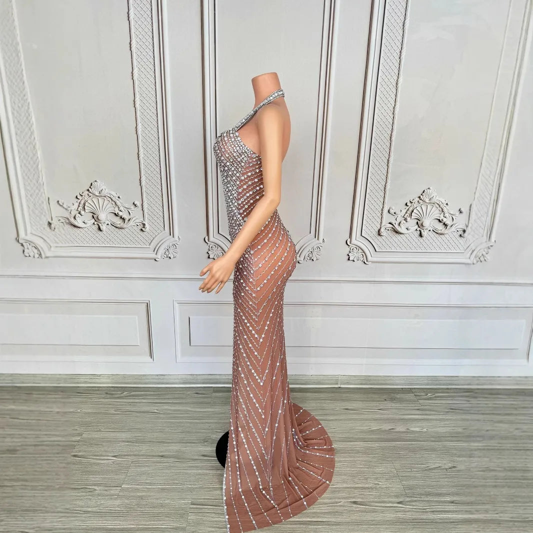 2025 Performance Clothes Female Group Rhinestone Waist Mesh Long Trailing Skirt Guest Model High-end Light Luxury Banquet Dress