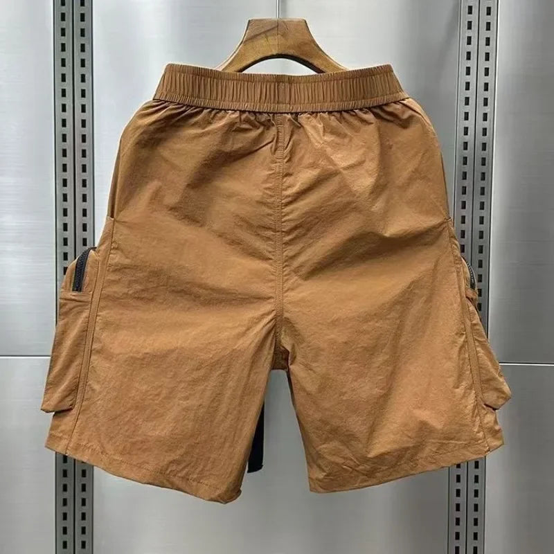 Solid Mens Cargo Shorts Loose with Zipper Elastic Waist Multi Pocket Short Pants for Men Baggy Wide New in Clothes Designer Y2k