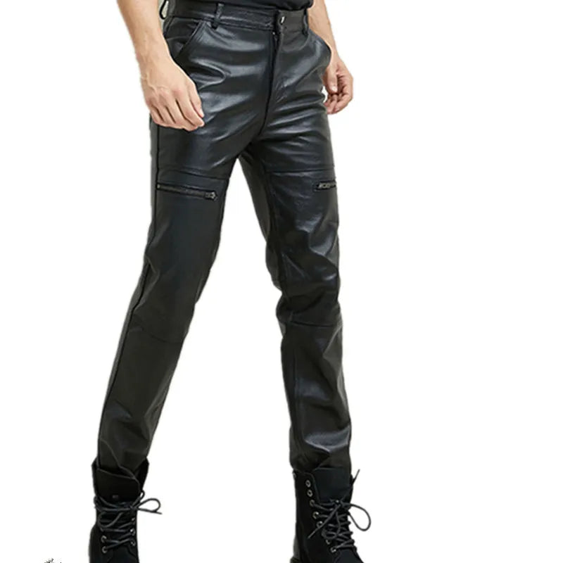 Men's Slim Straight Leather Pants Genuine Cowhide Personality Trousers for Spring And Autumn