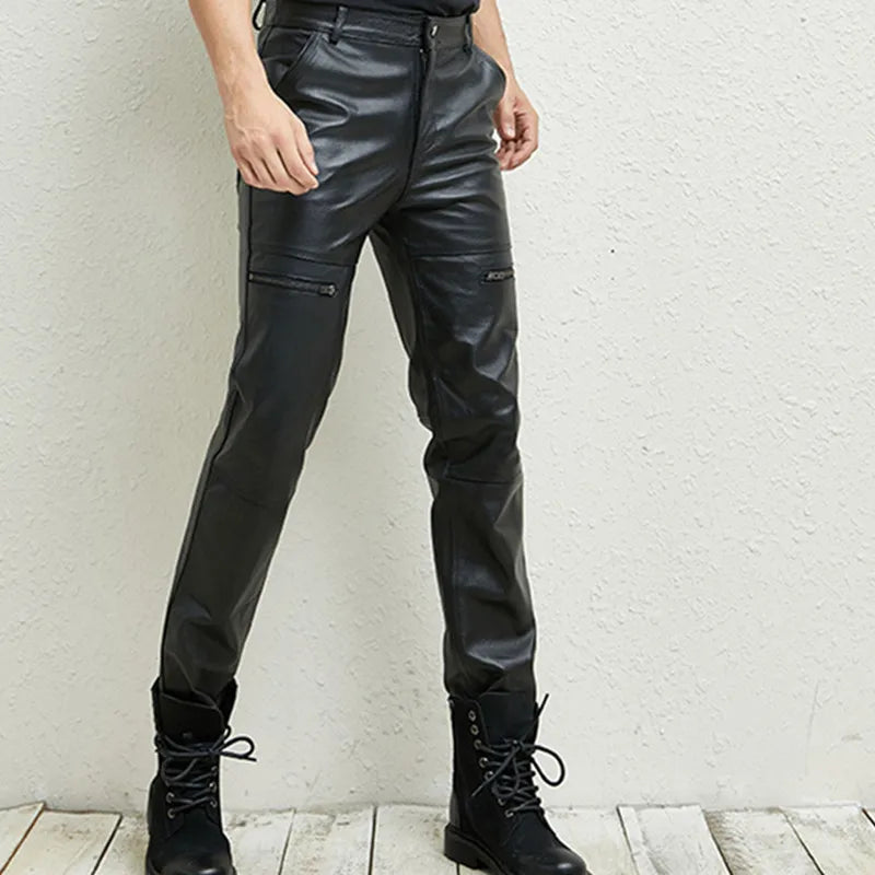 Men's Slim Straight Leather Pants Genuine Cowhide Personality Trousers for Spring And Autumn