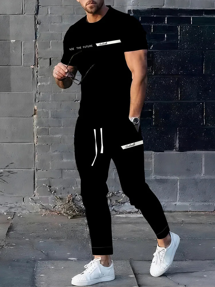 2025 Autumn Simple Striped 3D Printed Men's 2pcs Set, Daily Loose And Casual Men's Short-sleeved Shirt And Drawstring Long Pants