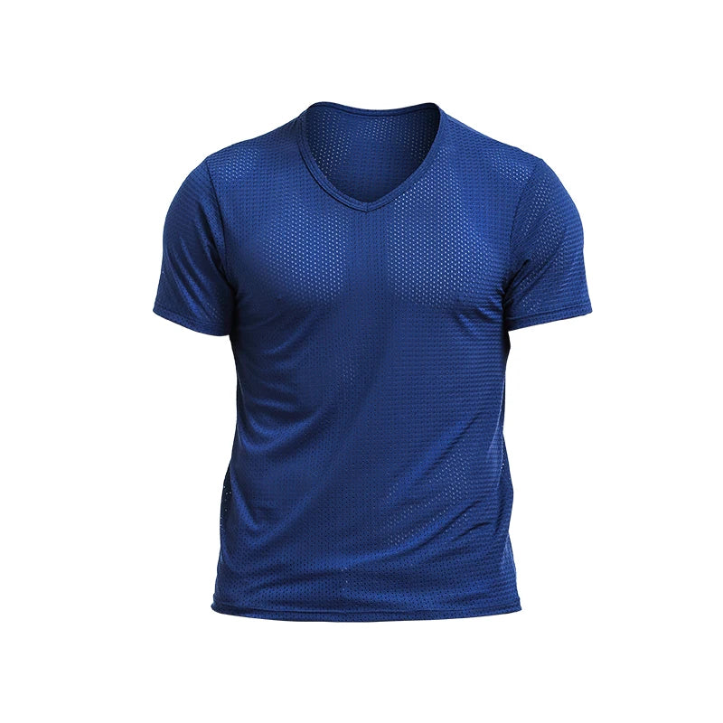 2PCSIce silk mesh T-shirt for men, breathable mesh with perforated fabric, sports and fitness, dry, loose V-neck, trendy m