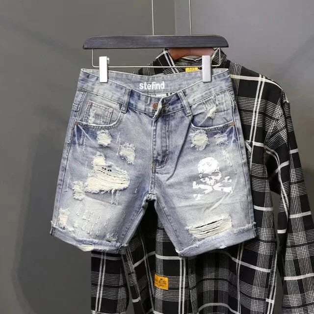 Summer Men's Worn Bead Hole Beggar Stretch Ripped Short Jeans Men Streetwear Korean Fashion Slim Fit Denim Shorts