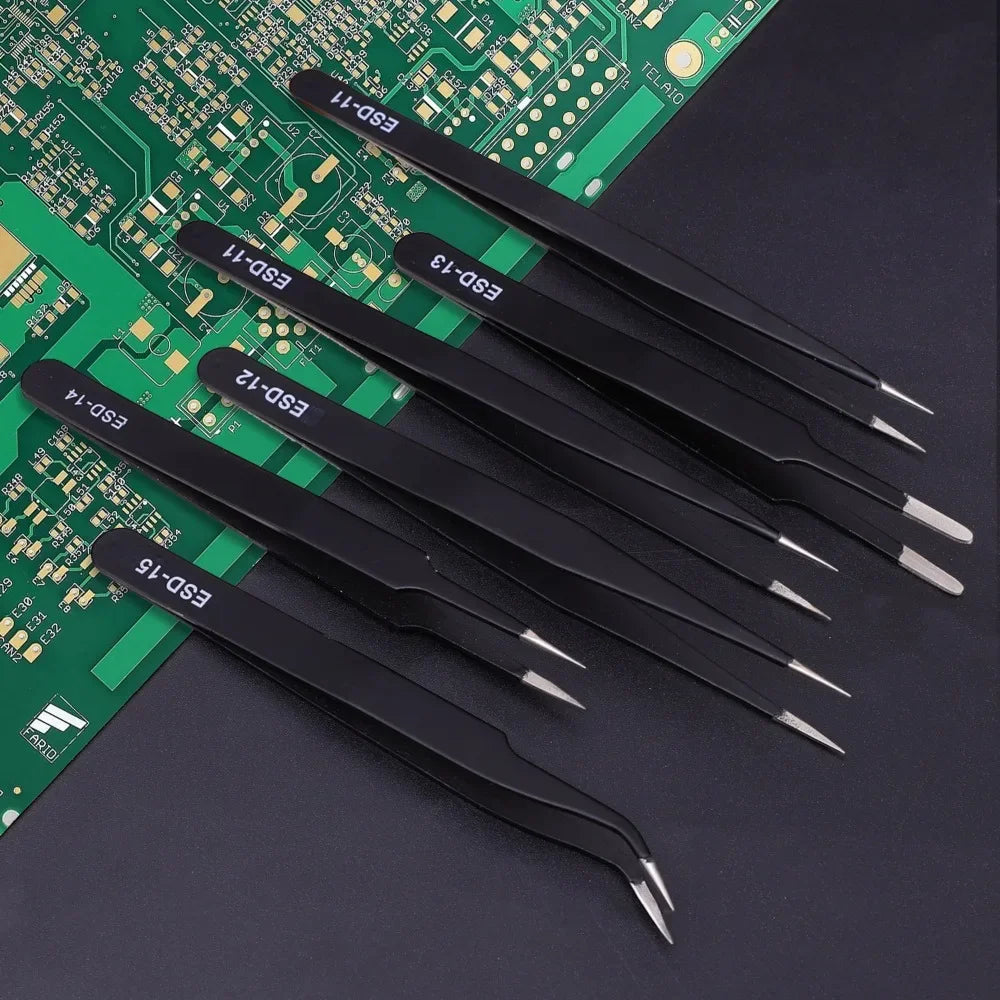 Precision Tweezers Set ESD Stainless Steel Anti-static Tweezers PCB Repair Tools for Electronics Repair Soldering Craft Tools