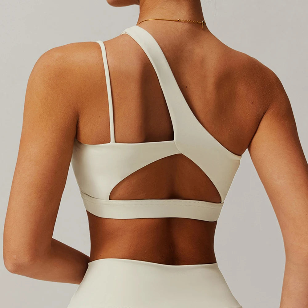 Oblique Shoulder Yoga Bra Women's Beautiful Back Gym Sports Underwear Hollow out Back Running Fitness Vest Push Up Workout Top