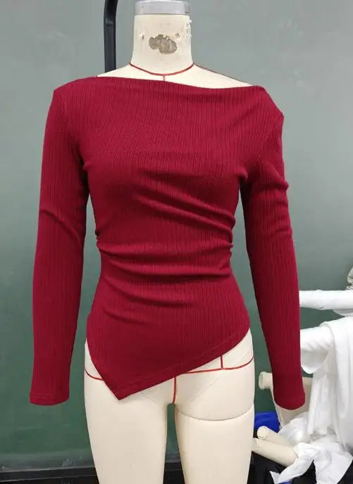 Women's Fashion T-Shirt Temperament Knitted Shirt 2025 Autumn New Style Grey Slanted Shoulder Long Sleeve Top Women's Wear