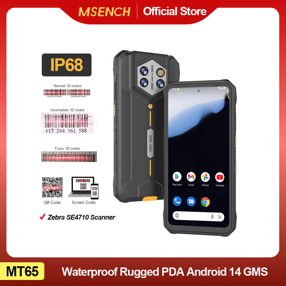 Waterproof Rugged PDA Android 14 Industrial Mobile Data Terminals 8G+128G Dual Camera 48MP Zebra SE4710 Barcode Scanner