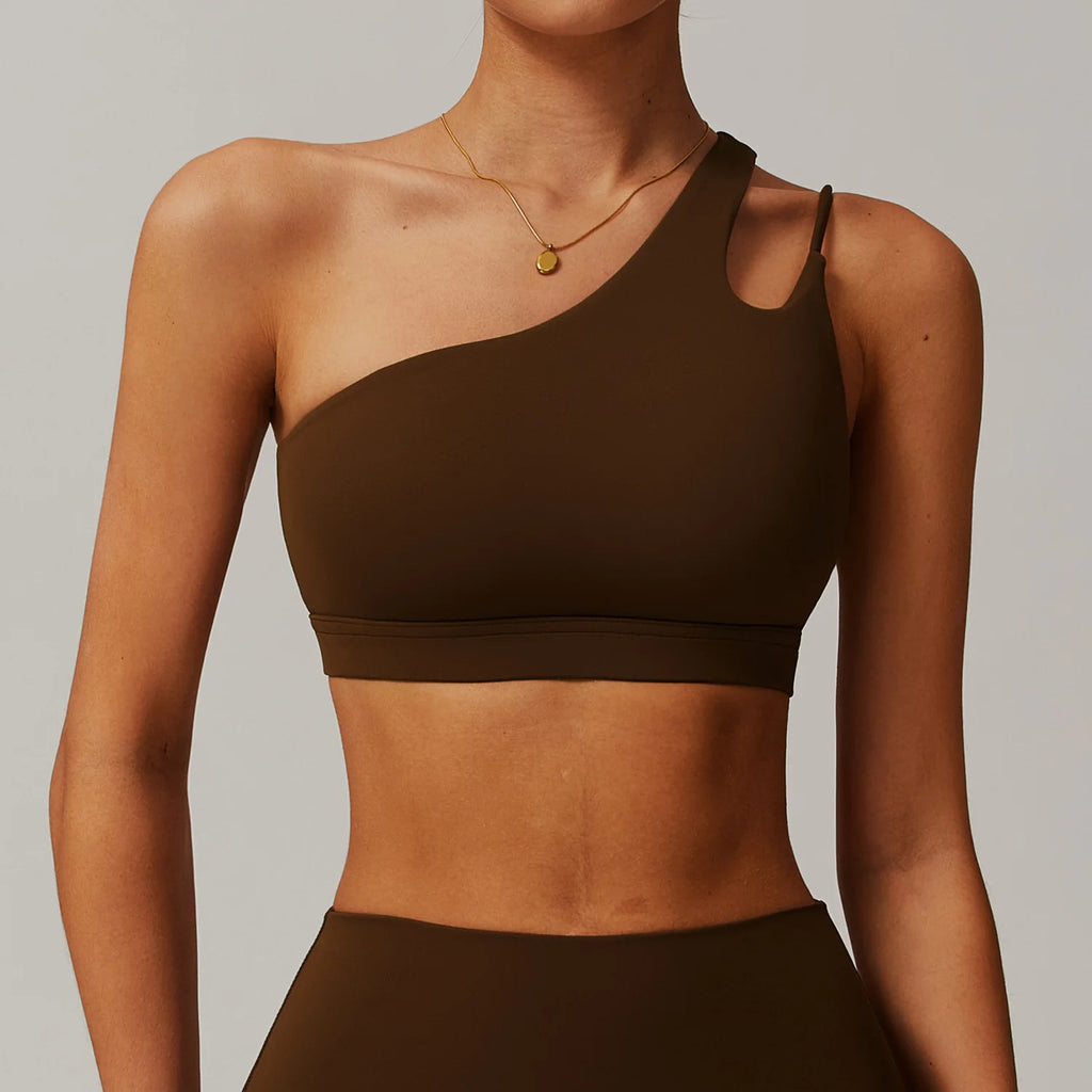 Oblique Shoulder Yoga Bra Women's Beautiful Back Gym Sports Underwear Hollow out Back Running Fitness Vest Push Up Workout Top