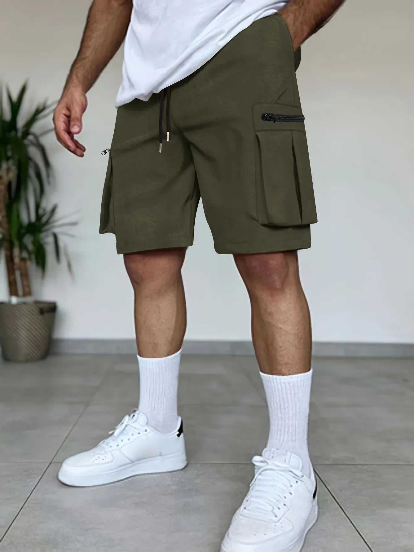 2025  Summer New Fashion Men's Solid Color Loose Drawstring Multi Pocket Shorts Casual Trendy Thin Cargo Shorts Male Clothes