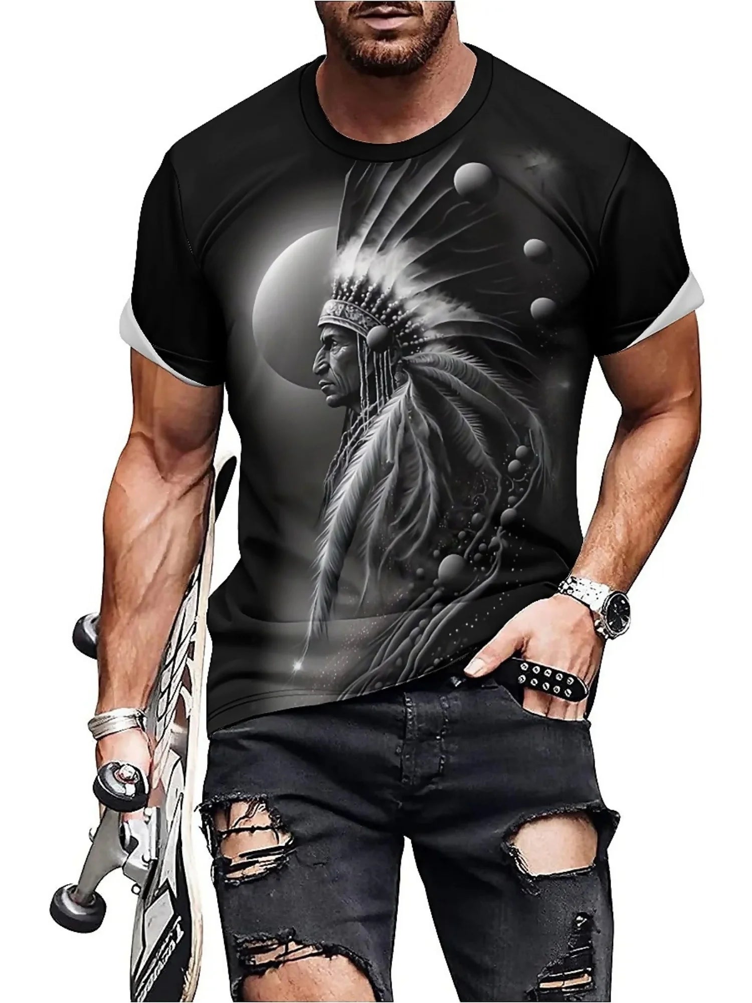 Men's 3D Printed Tribal Chieftain Graphic T-Shirt - Gothic Retro Design, Breathable Polyester, Regular Fit Short Sleeve Tee