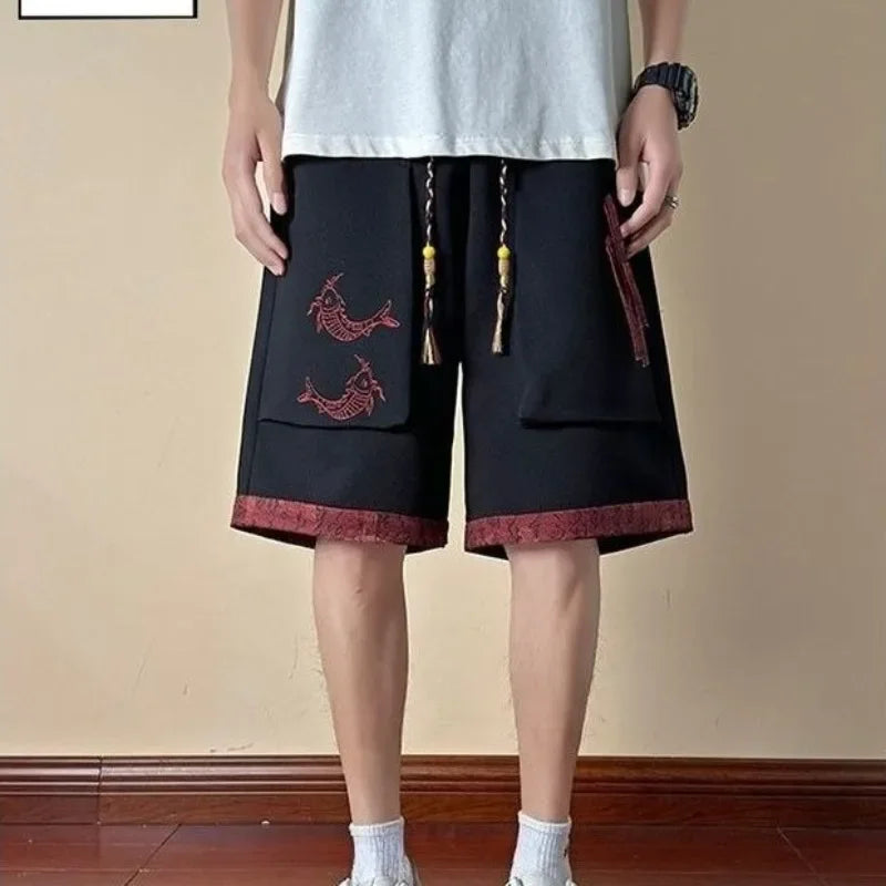 With Pockets Draw String Long Men's Cargo Shorts Button Elastic Waist Baggy Black Loose Bermuda Half Male Short Pants Wide Nylon