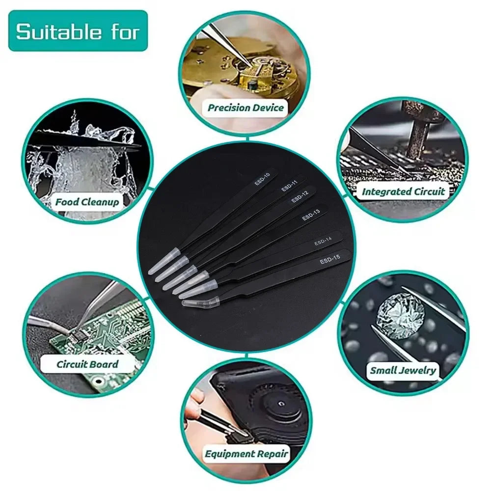 Precision Tweezers Set ESD Stainless Steel Anti-static Tweezers PCB Repair Tools for Electronics Repair Soldering Craft Tools