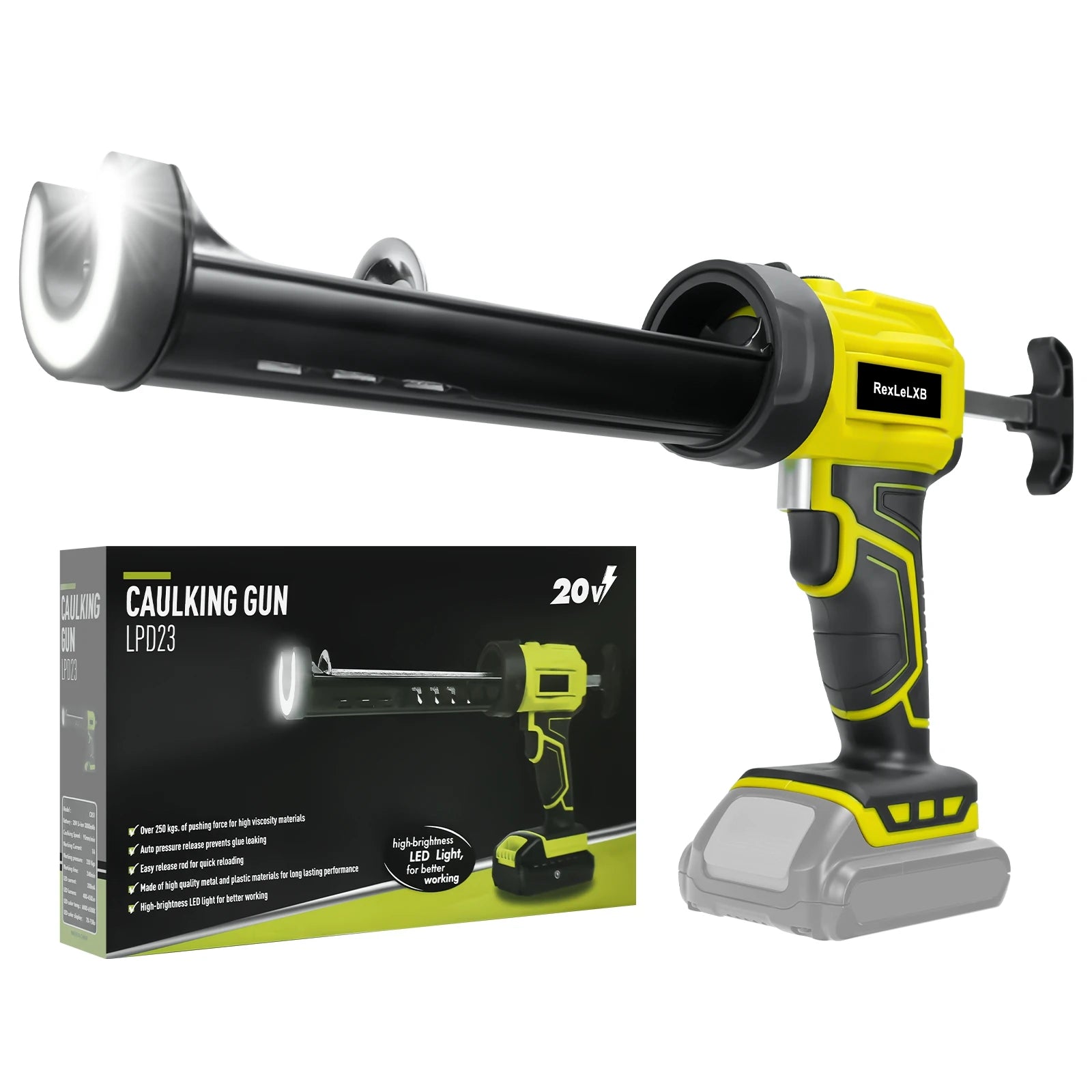 Electric Caulking Gun 10oz/300ml Cordless Caulk Gun 4 Adjustable Speeds with LED Light for Dewalt 20V Battery (No Battery)