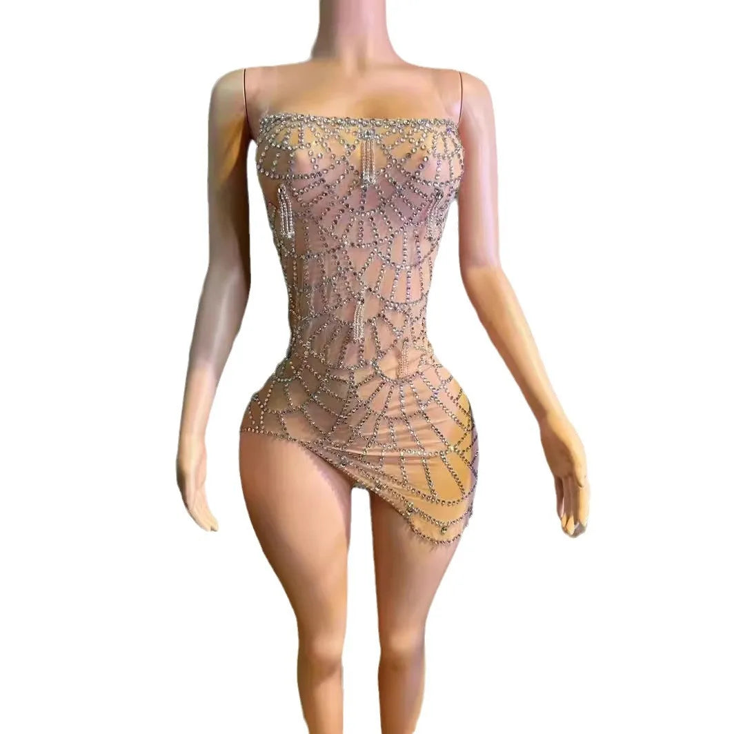 Sexy Mesh Tube Top Tight Backless Irregular Design Sense Mesh Rhinestone Shining Gift Vestidos Promoção Plus Sai-se Party Dress
