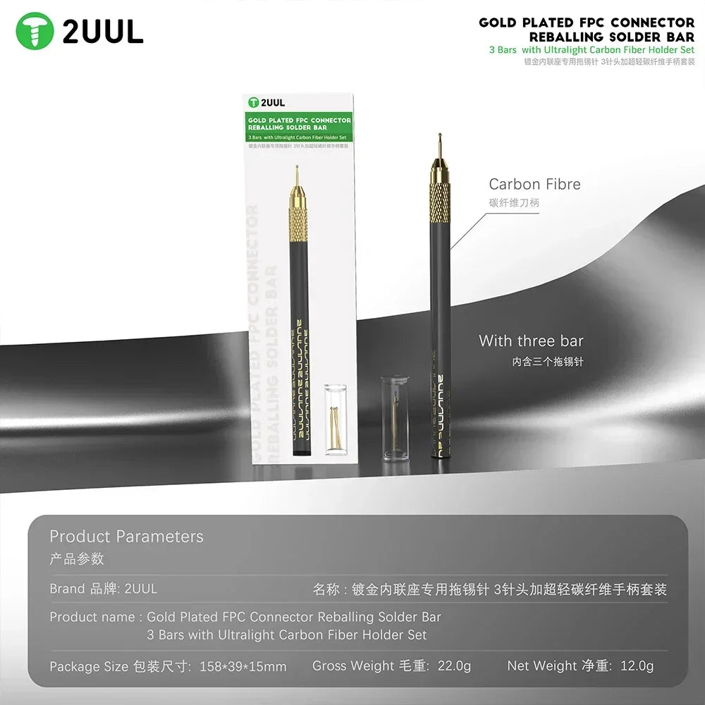 2uul SC98 Gold Plated FPC Tin Dragging Needle Connector Reballing Solder Bars with 3pcs Carbon Fiber Tin Sucktion Tool Set