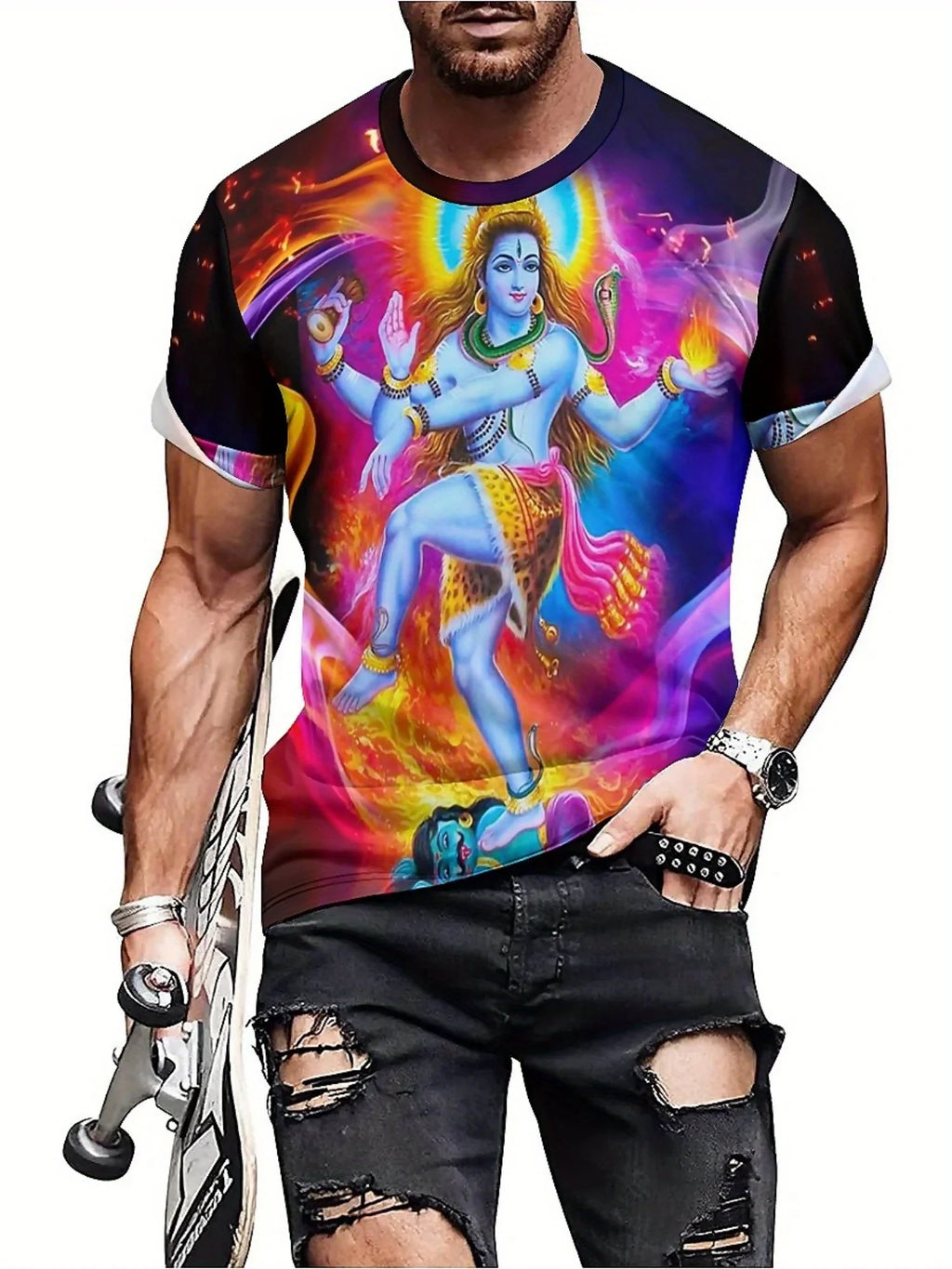 Men'S Vibrant Hindu Deity Graphic T-Shirt - Soft Polyester, Short Sleeve, Round Neck, Casual & Comfortable Fit